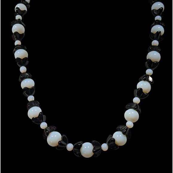 Handmade Whimsical Black And Moonstone Glass Beaded Necklace - Picture 2 of 5